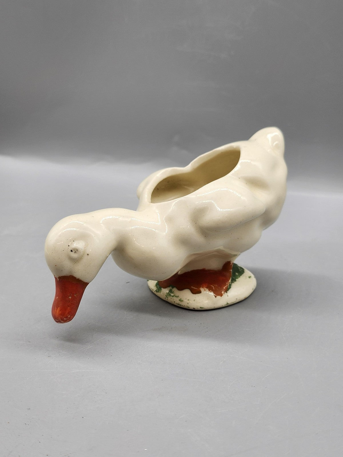Unmarked White Ceramic Duck Planter Figural Multicolor Pottery Table Decor