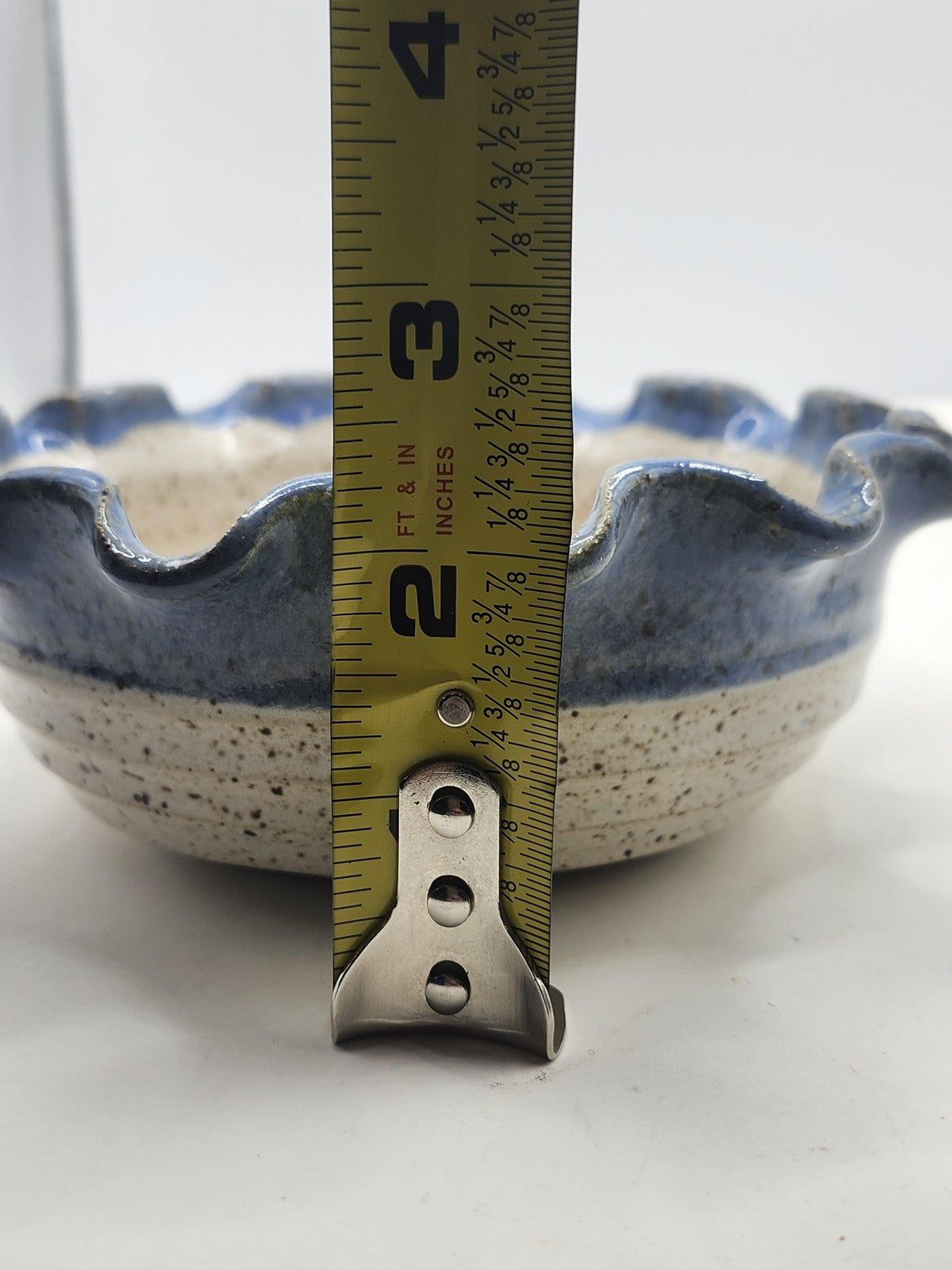 Whit Blue Stoneware Pillar Candle Holder Ruffled Edge Speckled Pottery Decor
