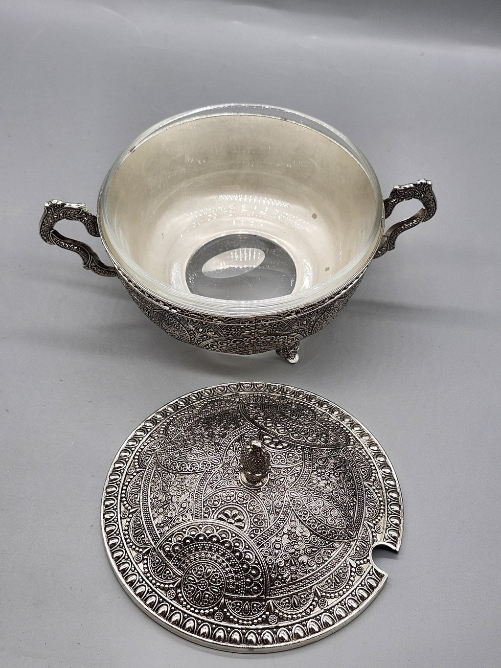 Legacy Silver Ornate Filigree Glass Sugar Bowl Lidded Victorian Table Decor