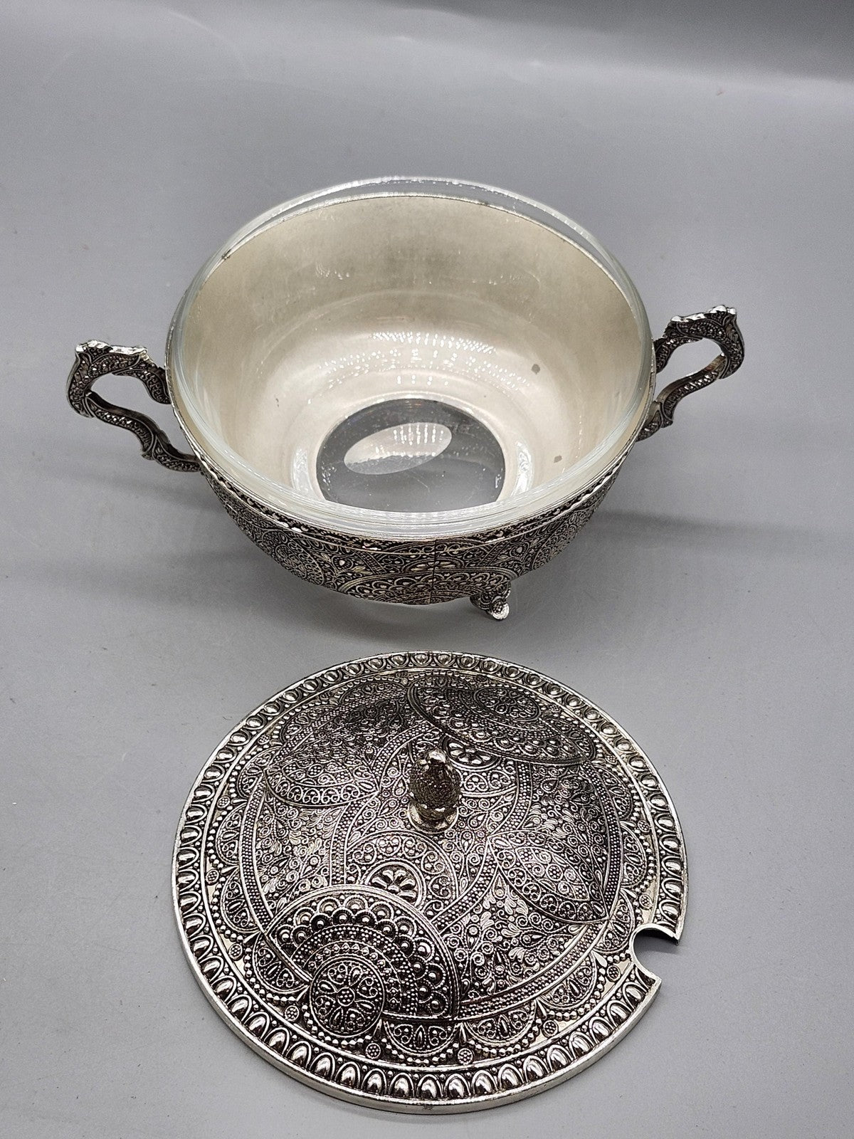 Legacy Silver Ornate Filigree Glass Sugar Bowl Lidded Victorian Table Decor
