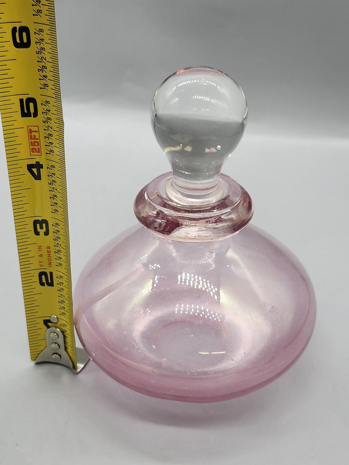 Vintage Pink Iridescent Glass Perfume Bottle Clear Ball Stopper Vanity Decor