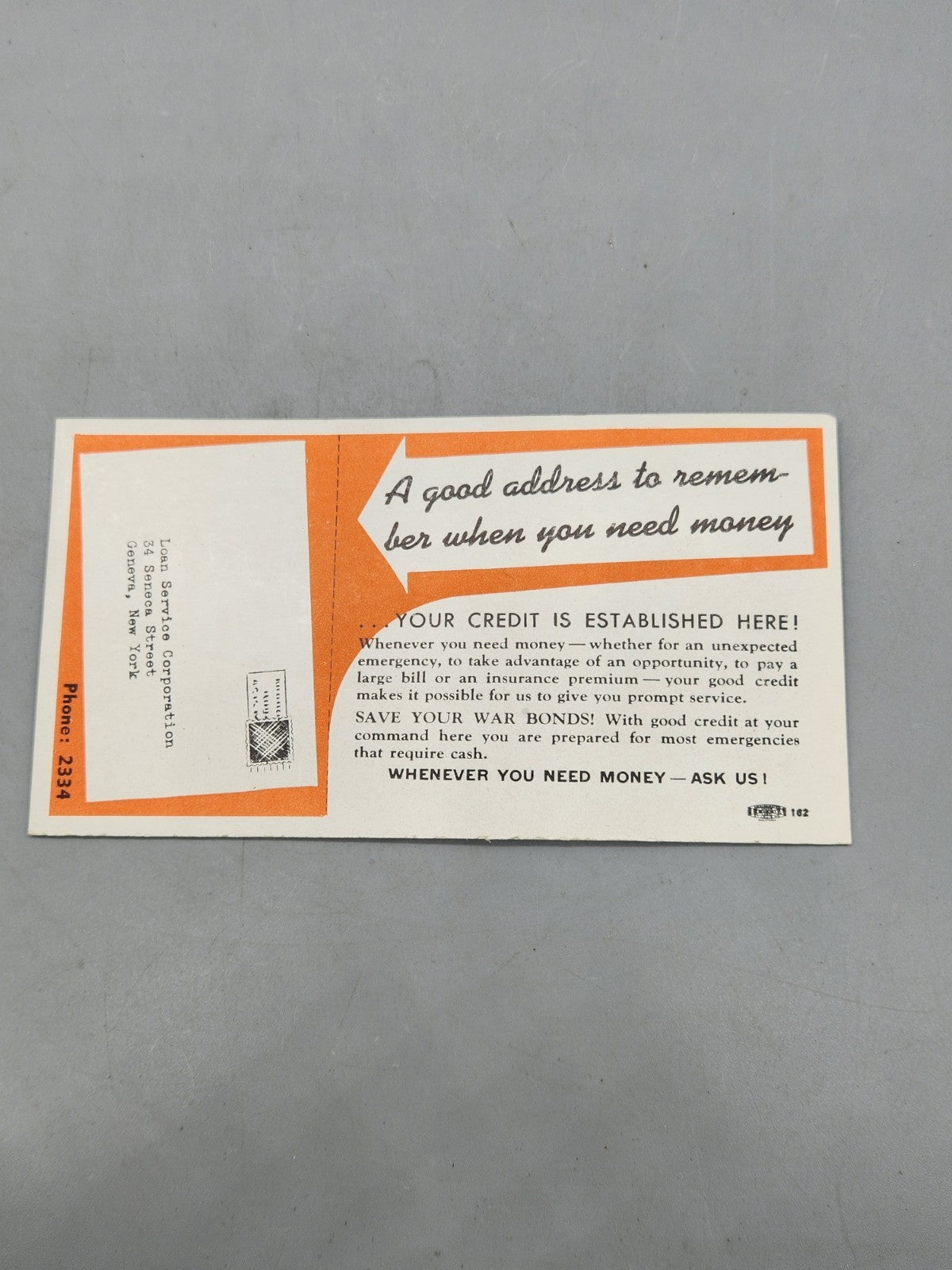 Vintage WWII Loan Service Corporation Geneva NY War Bonds Advertising Mailer...