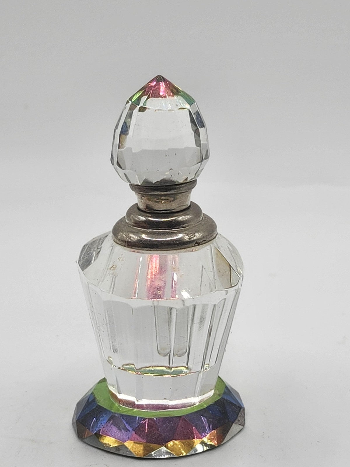 Faceted Glass Perfume Bottle Iridescent Rainbow Base Clear Stopper Decor Vanity