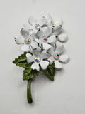 White Enamel Flower Brooch Pin Green Leaf AB Rhinestone Costume Jewelry Gift