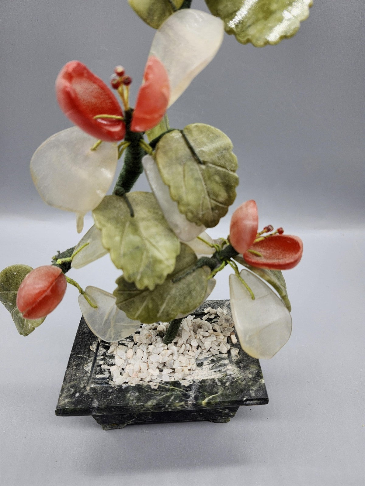 Vintage Gemstone Bonsai Tree Sculpture Small Green Stone Floral Asian Decor