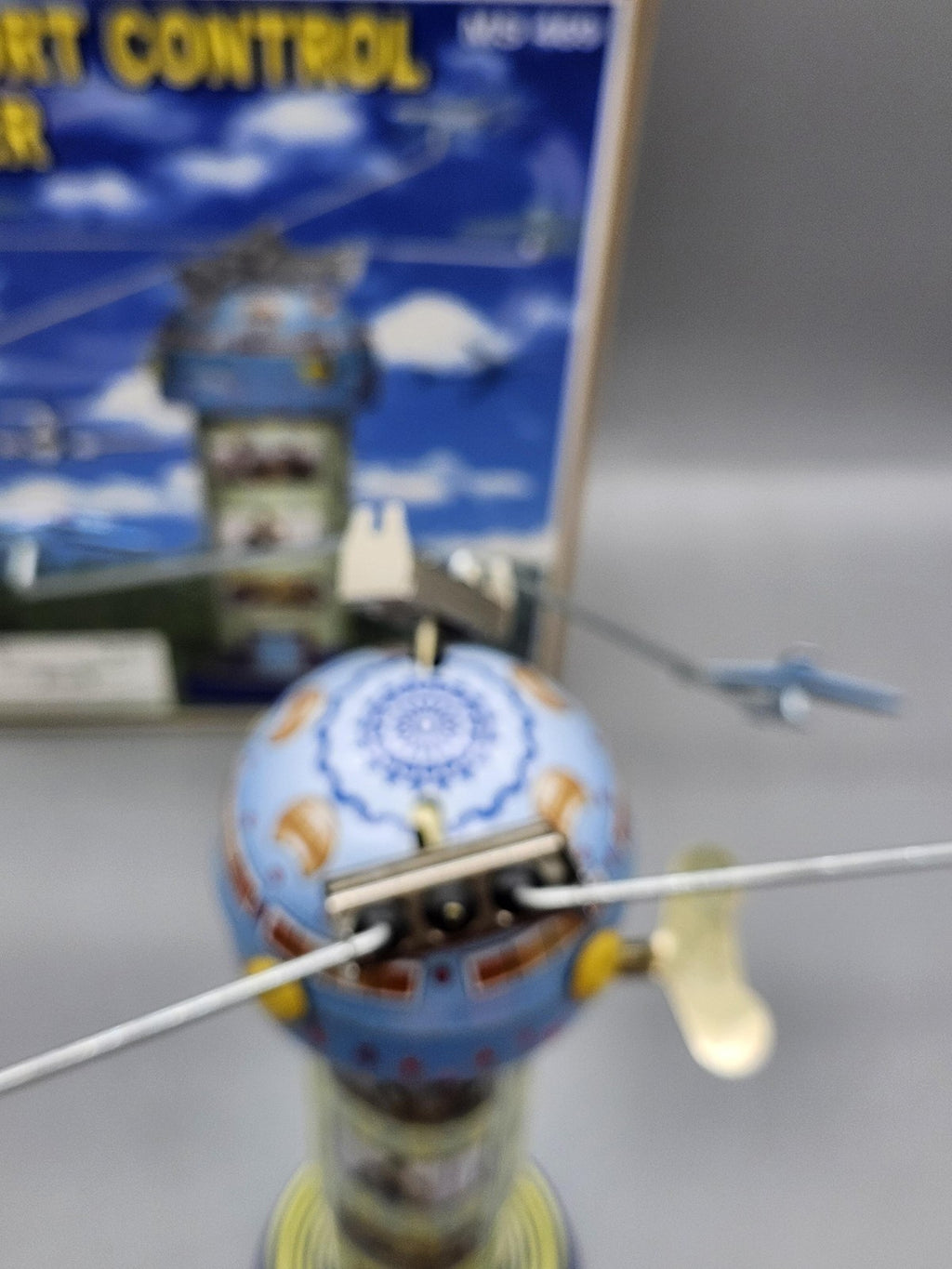 Airport Control Tower Wind Up Tin Toy Airplane Playset Blue Yellow Boxed MS 469