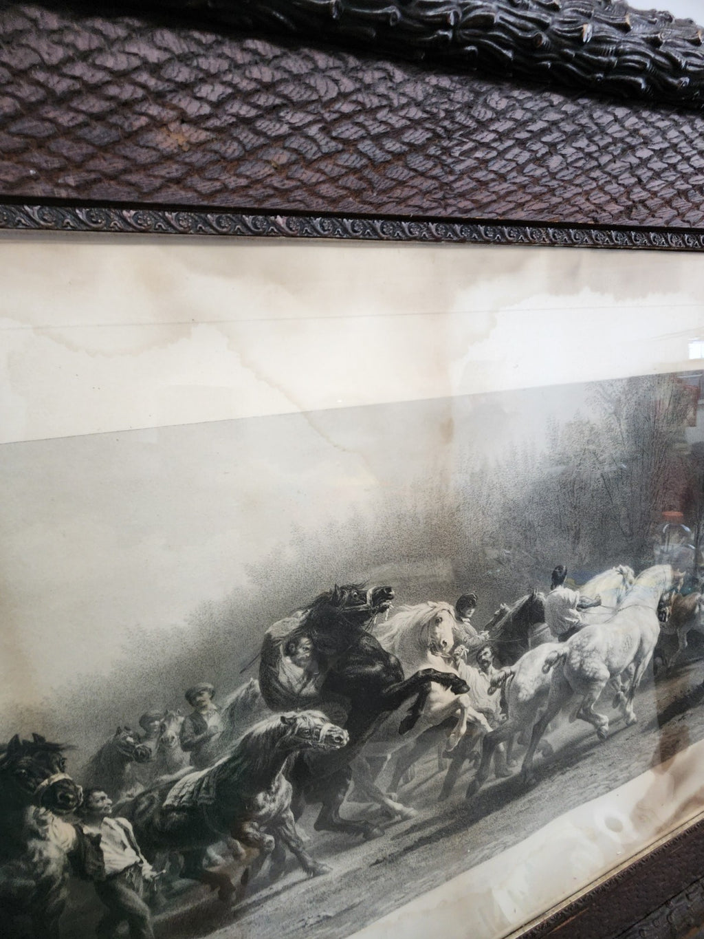 Antique Rosa Bonheur Horse Engraving Print HUGE 50x34 Black Forest Frame C.G....