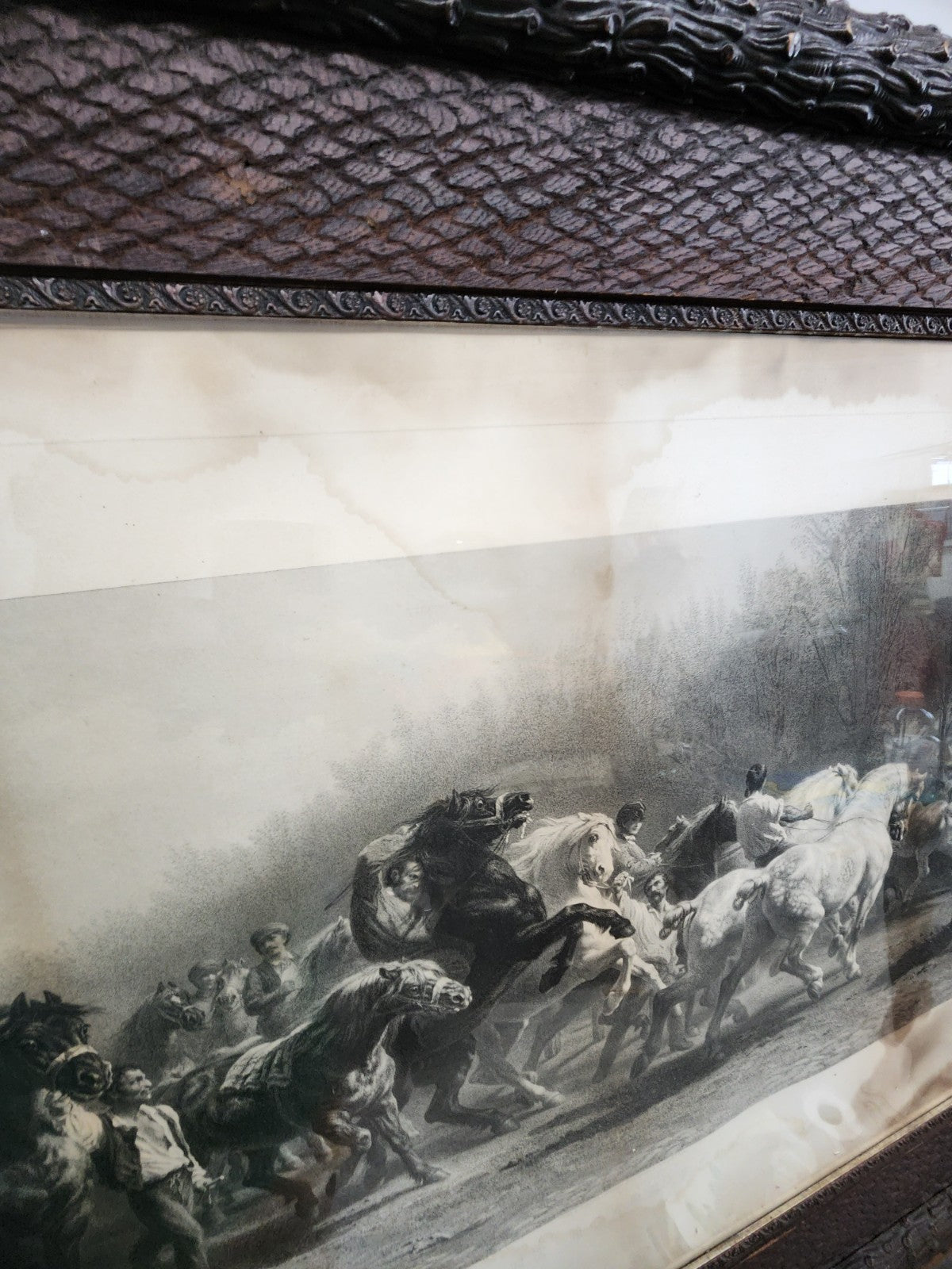 Antique Rosa Bonheur Horse Engraving Print HUGE 50x34 Black Forest Frame C.G....