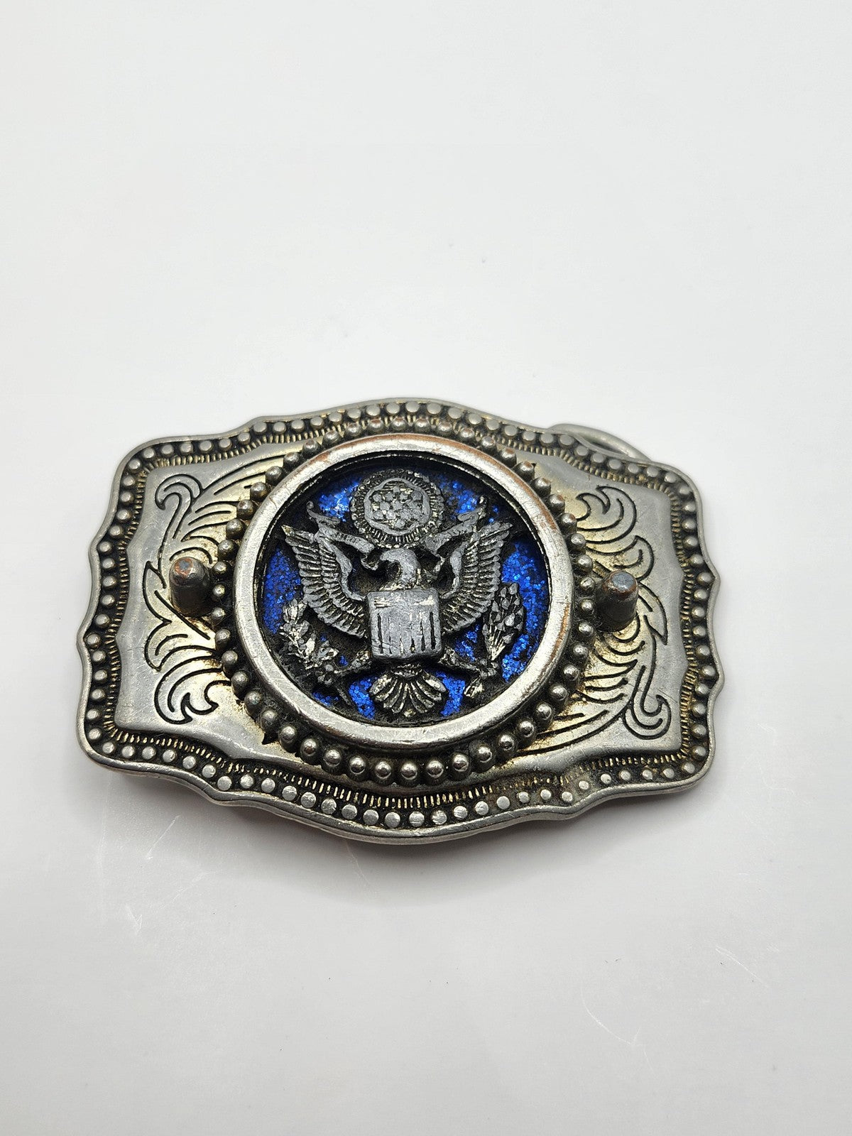 Eagle Crest USA Belt Buckle Mens Silver Metal Western Rectangular Blue Logo