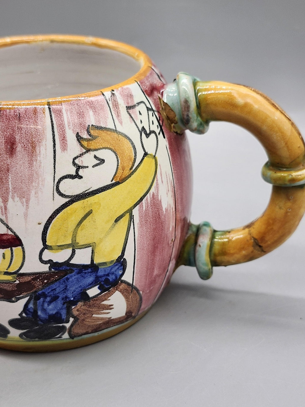 Hand Painted Card Players Coffee Mug Multicolor Ceramic Bamboo Handle Decor