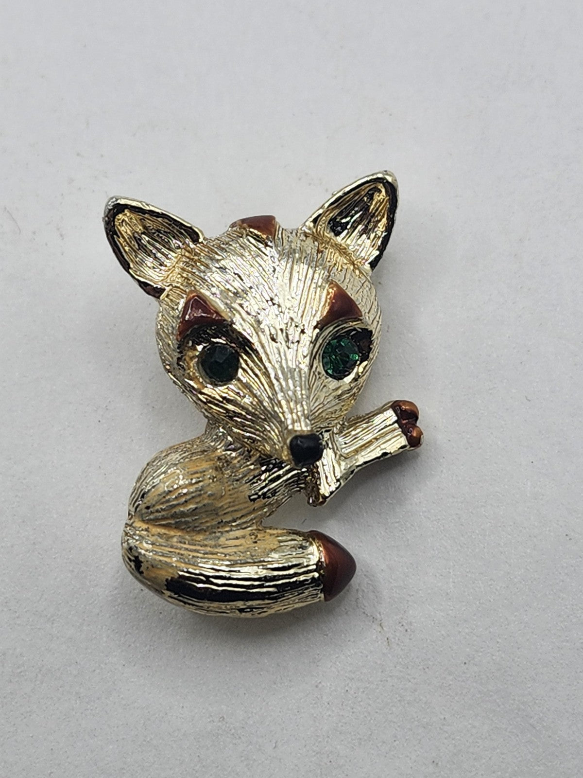 Gold Tone Fox Brooch Pin Green Rhinestone Eyes Brown Enamel Animal Jewelry