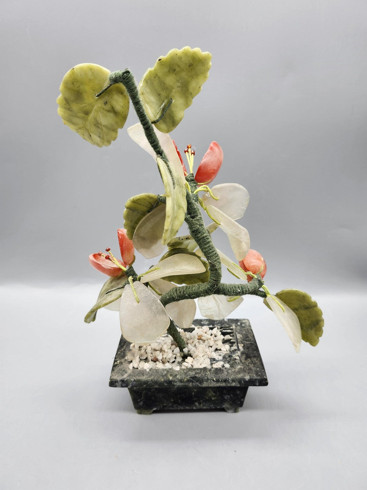 Vintage Gemstone Bonsai Tree Sculpture Small Green Stone Floral Asian Decor