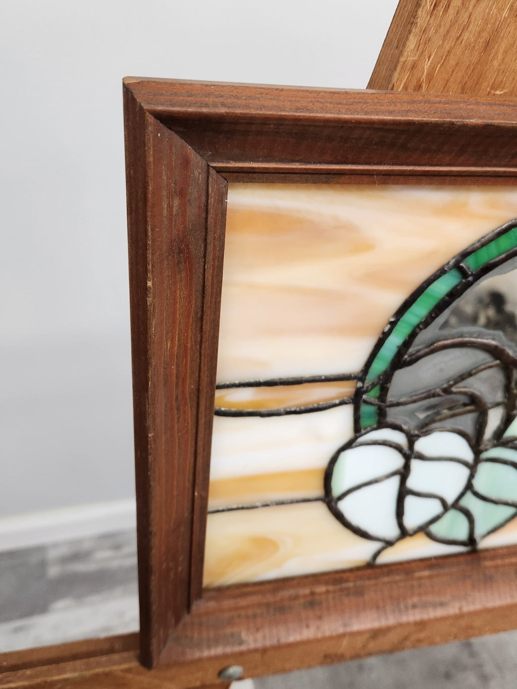 Vintage Stained Glass Leaf Panel Mirror Accent Wood Frame 16x12