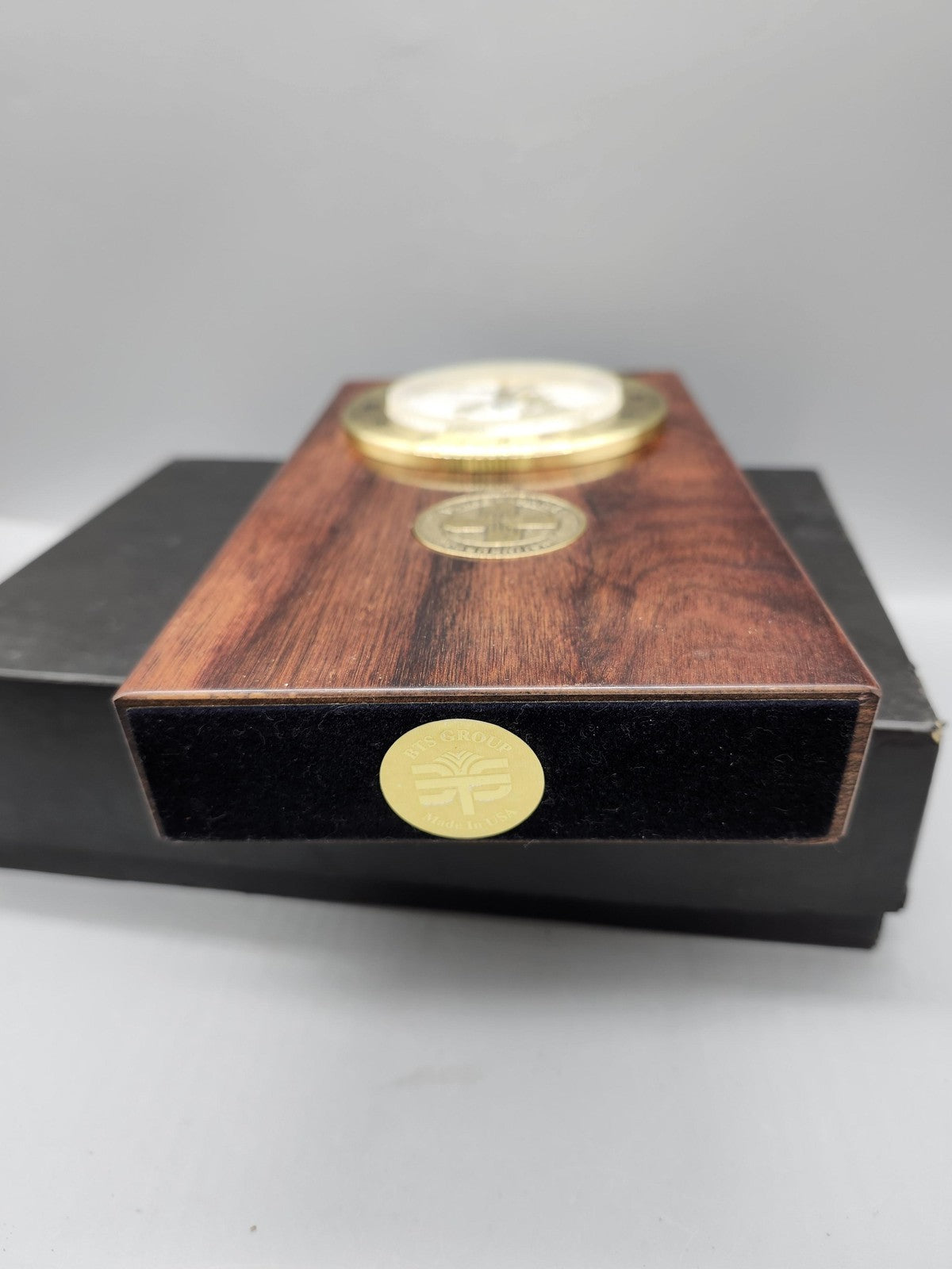 Vintage PS-Group World Time Desk Clock Brown Wood Plaque Brass Germany Decor