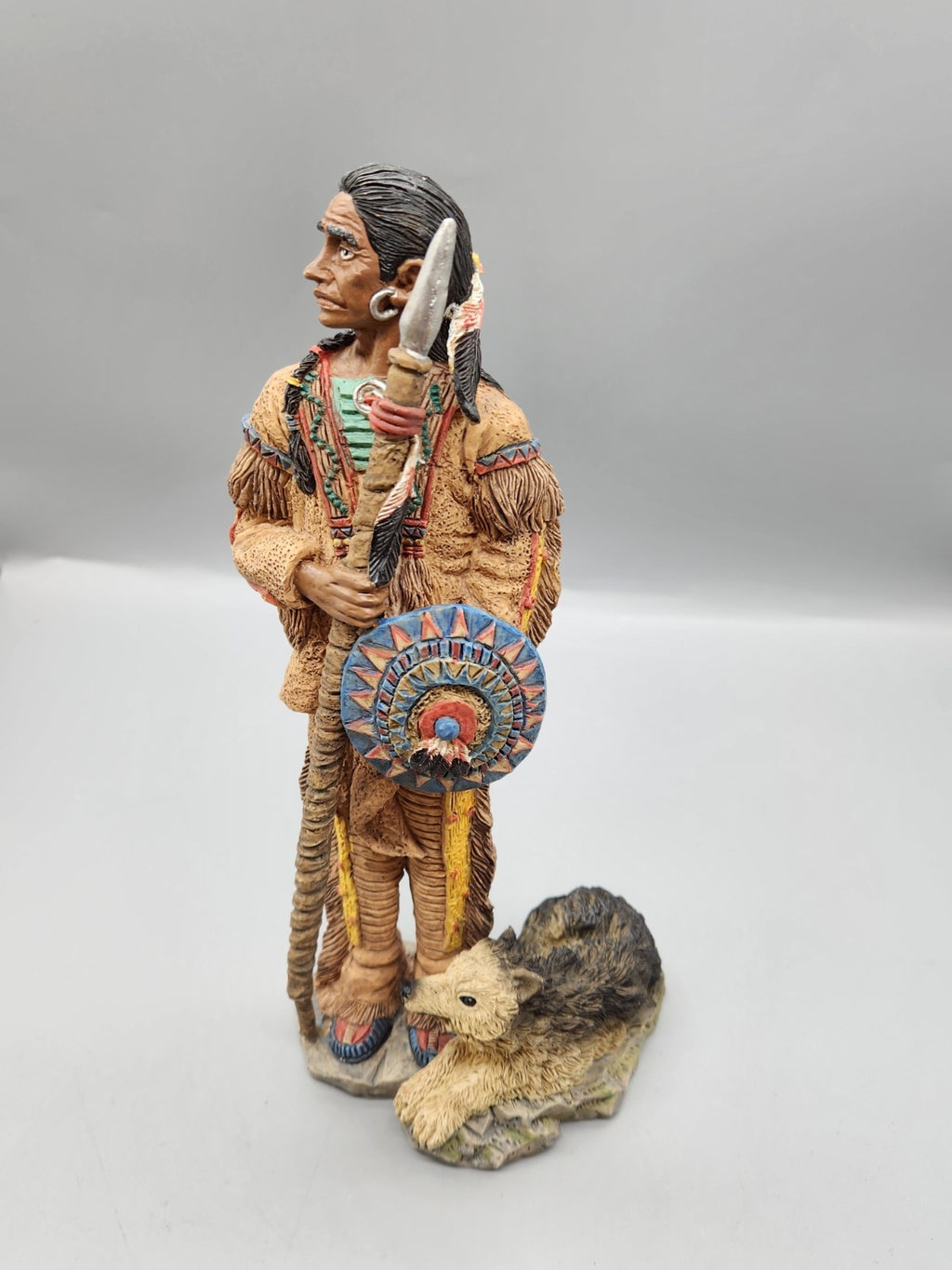 Vintage Native American Warrior Statue Figurine Spear Shield Wolf Resin 22”...