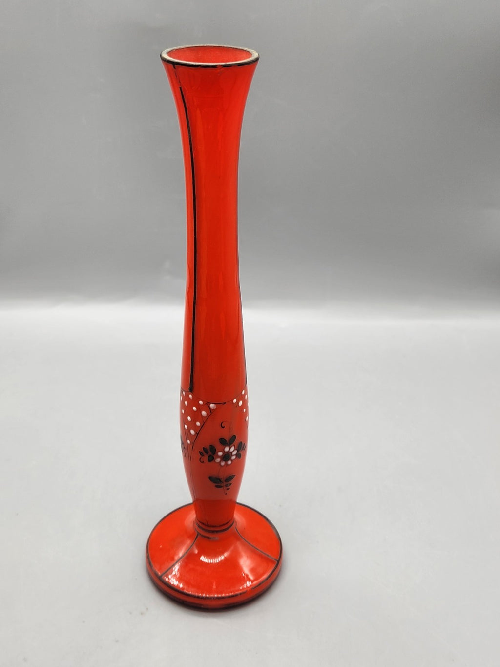 Vintage Czech Red Art Glass Bud Vase Hand Painted Floral 8” Bohemian Vase