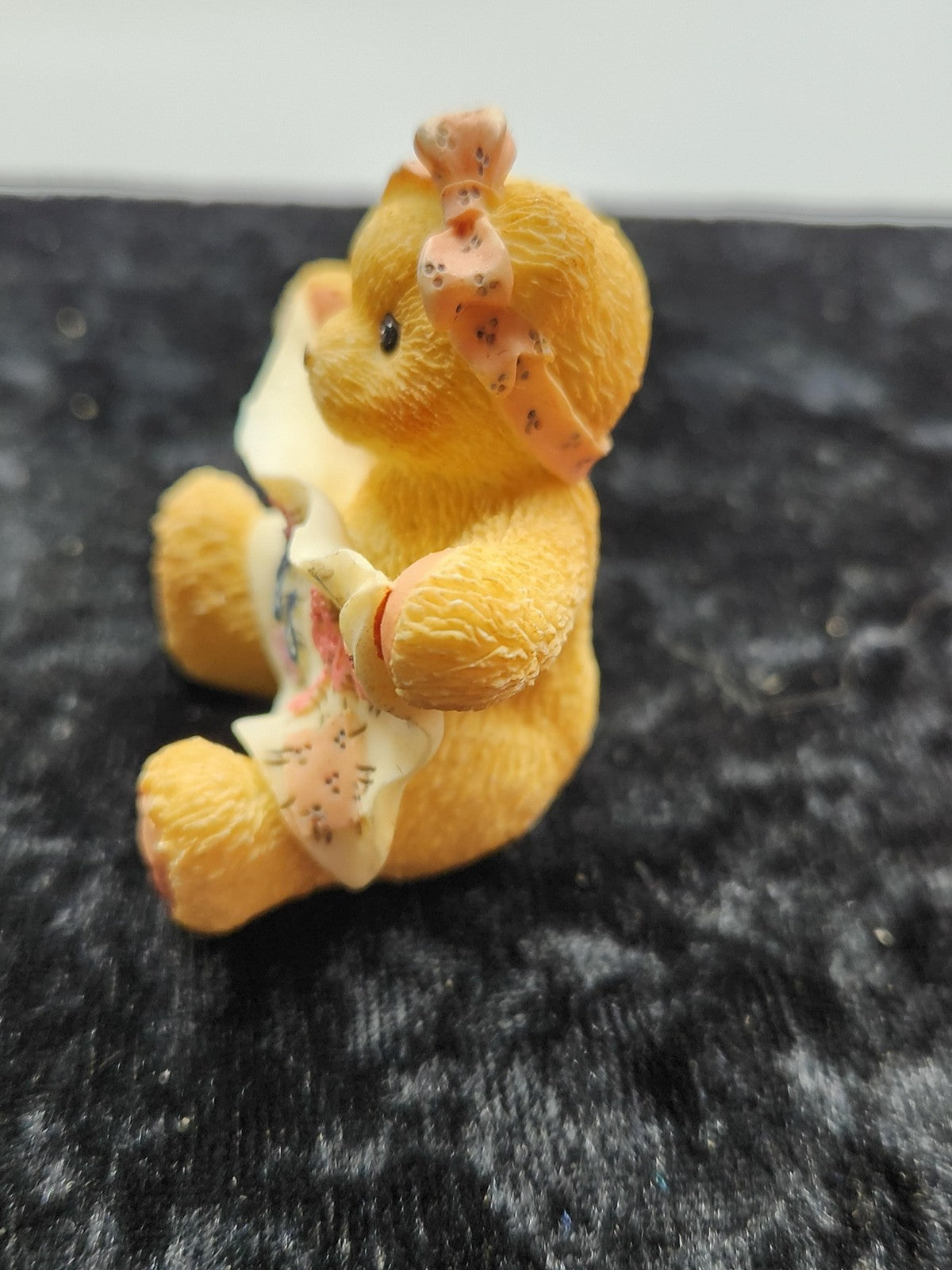 Unmarked Bear Figurine Small Yellow Resin Miss Message Blanket Bow Floral Decor