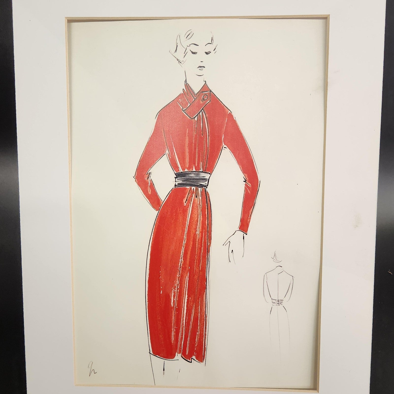 Fashion Woman Red Dress Original Ink Illustration Drawing Matted 14x11 Art
