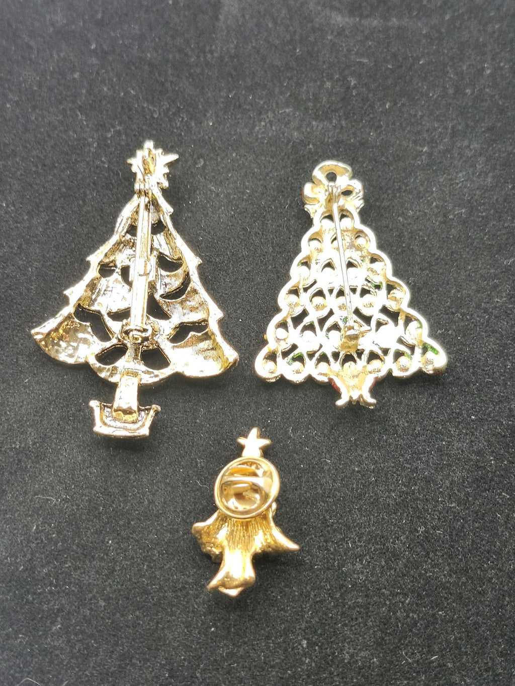 Christmas Tree Brooch Pin Lot Gold Tone Green Rhinestone Enamel Jewelry 3pc