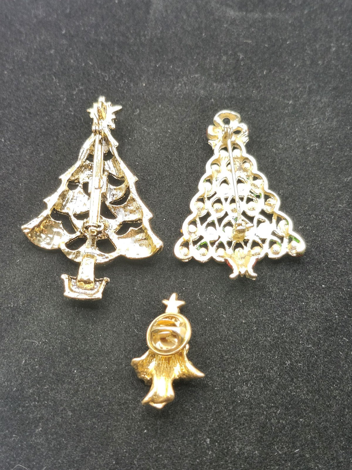 Christmas Tree Brooch Pin Lot Gold Tone Green Rhinestone Enamel Jewelry 3pc