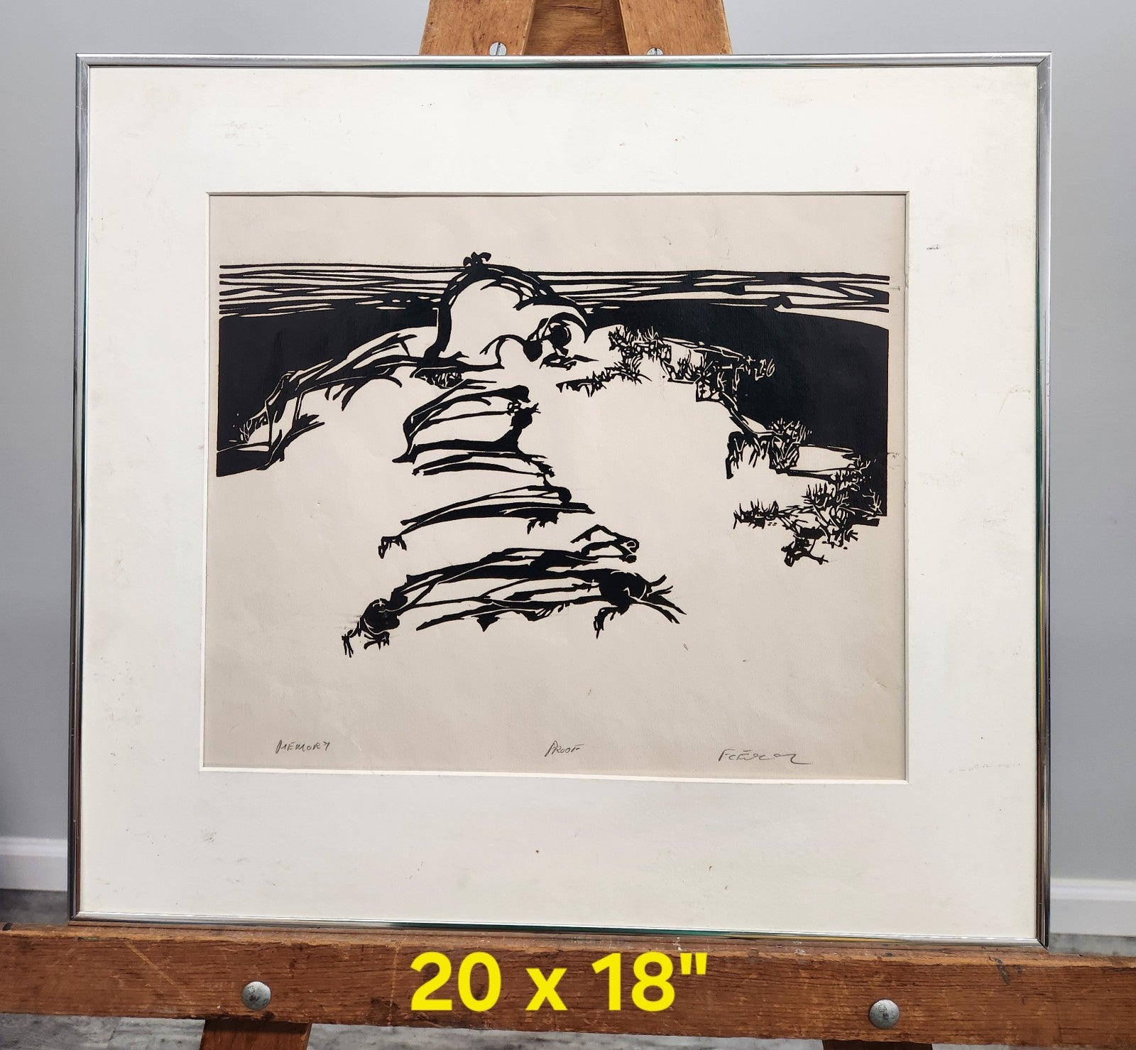 Original 1976 Signed Proof Print “Memory” Minimalist Landscape Woodcut Style Art