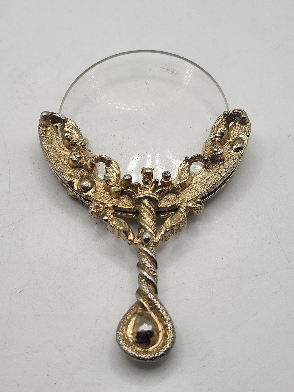 Ornate Gold Tone Floral Handle Magnifying Glass Handheld Faux Pearl Decorative