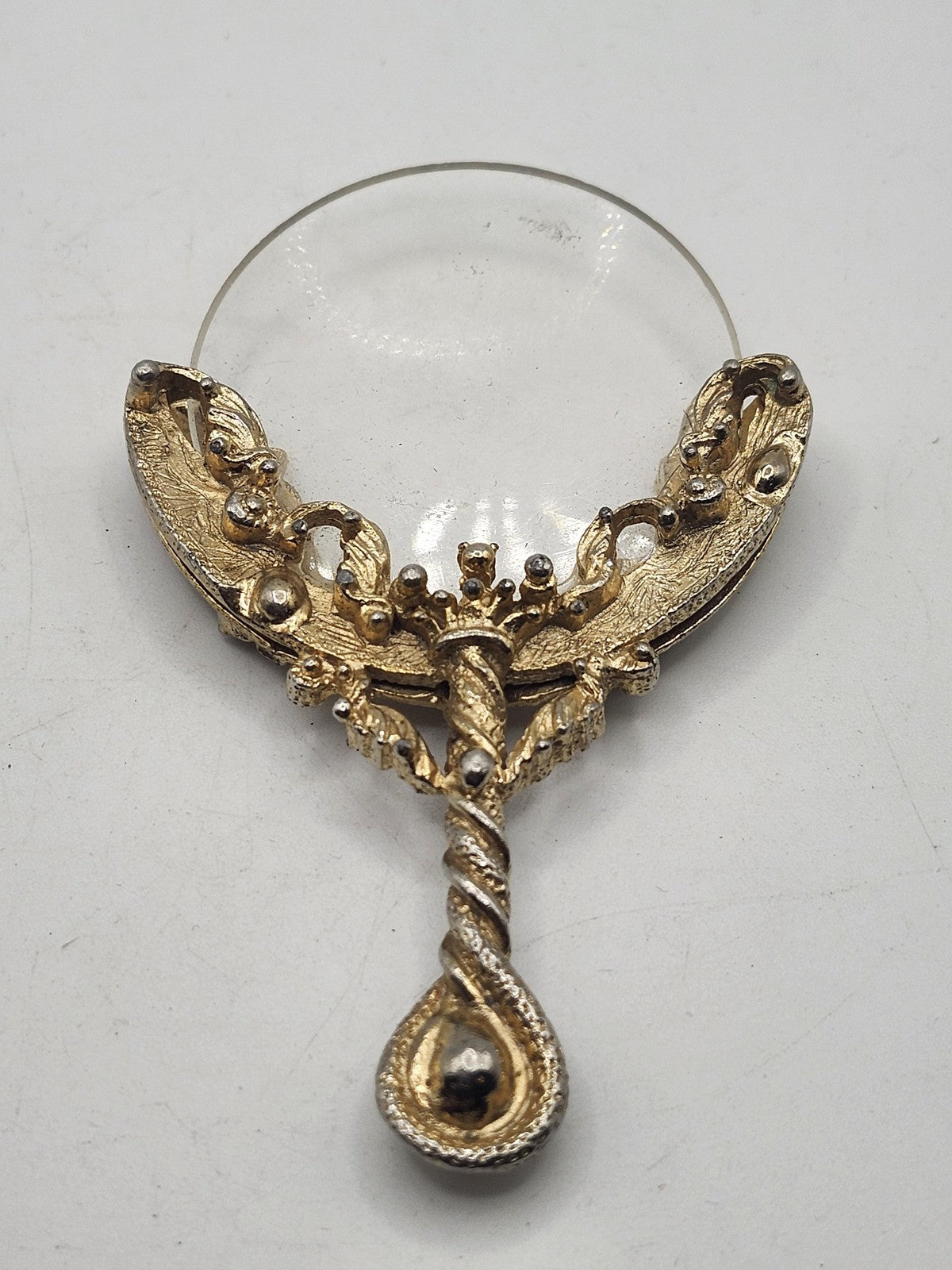 Ornate Gold Tone Floral Handle Magnifying Glass Handheld Faux Pearl Decorative