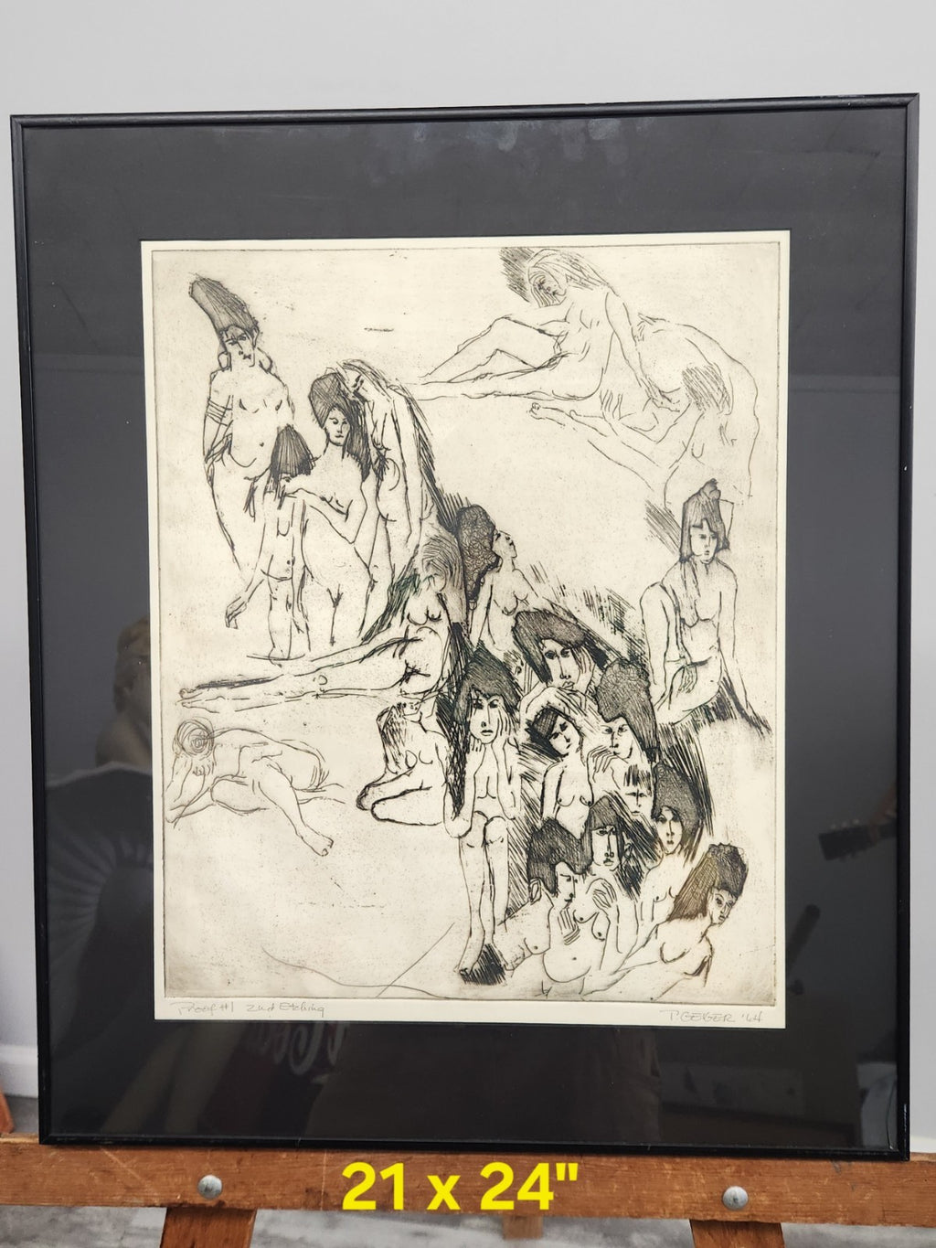 Original 1964 Proof Etching Signed T Geiger Nude Figure Mid Century Modern Art