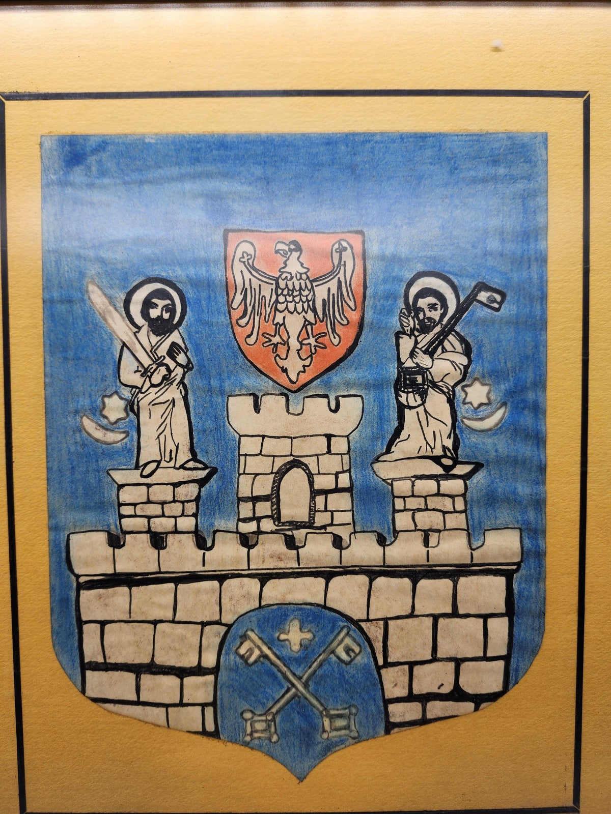 Vintage Blue Heraldic Coat Of Arms Castle Saints Watercolor Painting Framed