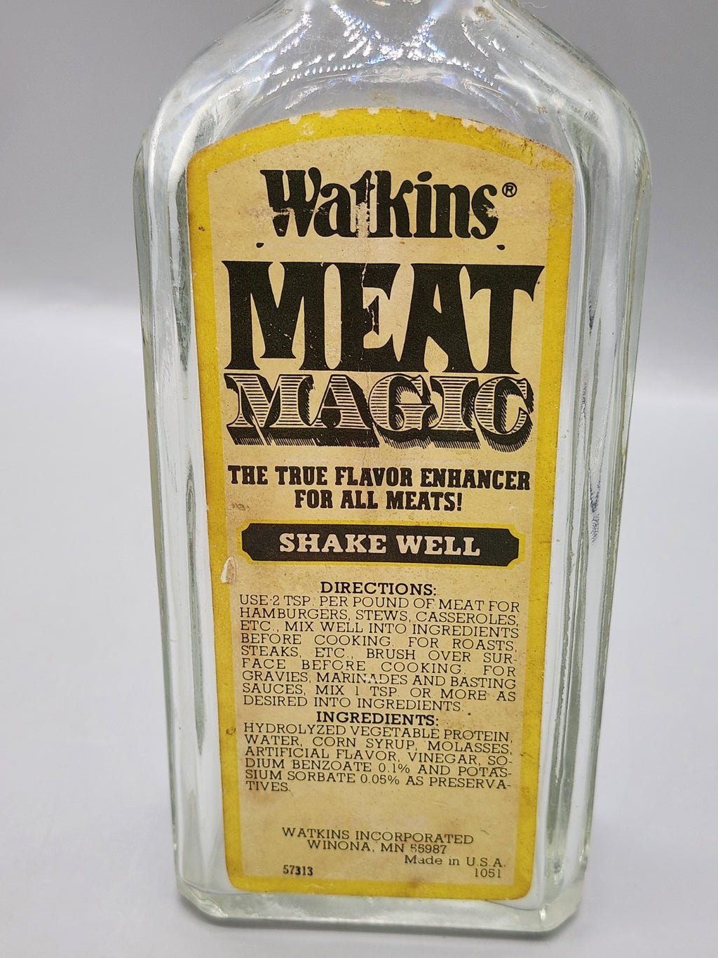 Vintage Watkins Meat Magic Glass Bottle w/ Original Cap Empty Advertising Jar
