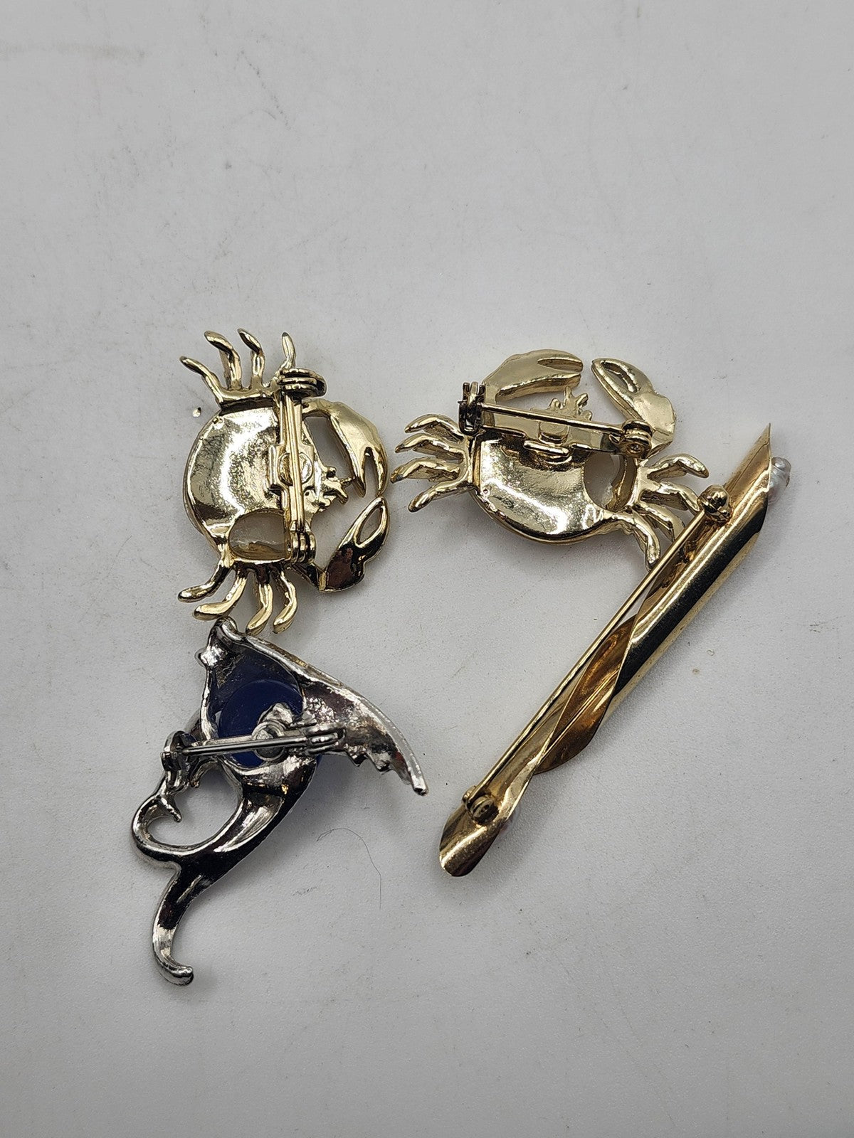 Crab Fish Bar Brooch Pin Lot Gold Silver Tone Faux Pearl Costume Jewelry Set