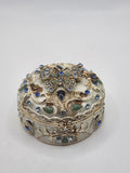 Ornate Butterfly Trinket Box Round Small Gold Tone Crystal Enamel Magnetic Decor