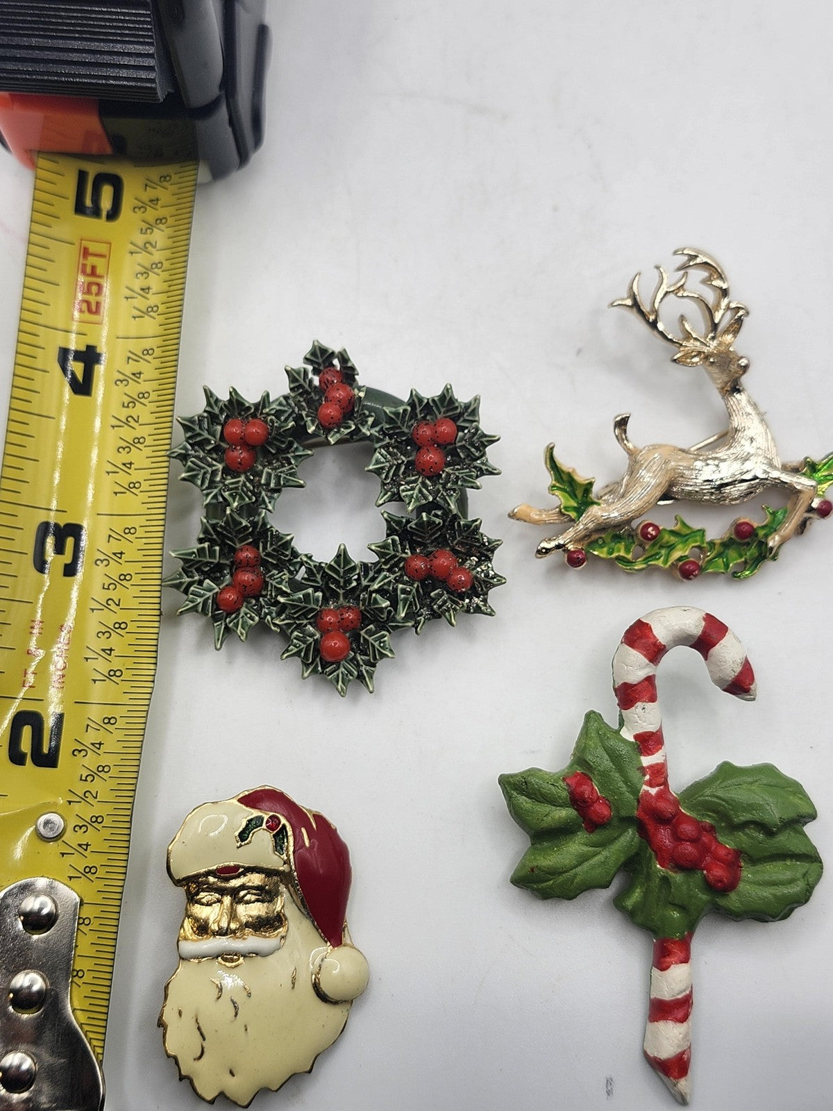 Christmas Brooch Pin Lot Enamel Wreath Reindeer Santa Candy Cane Holiday 4 Set