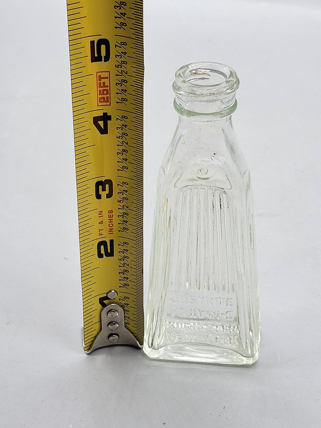 Vintage Justrite Flavors Embossed Clear Glass Bottle Rochester New York Food