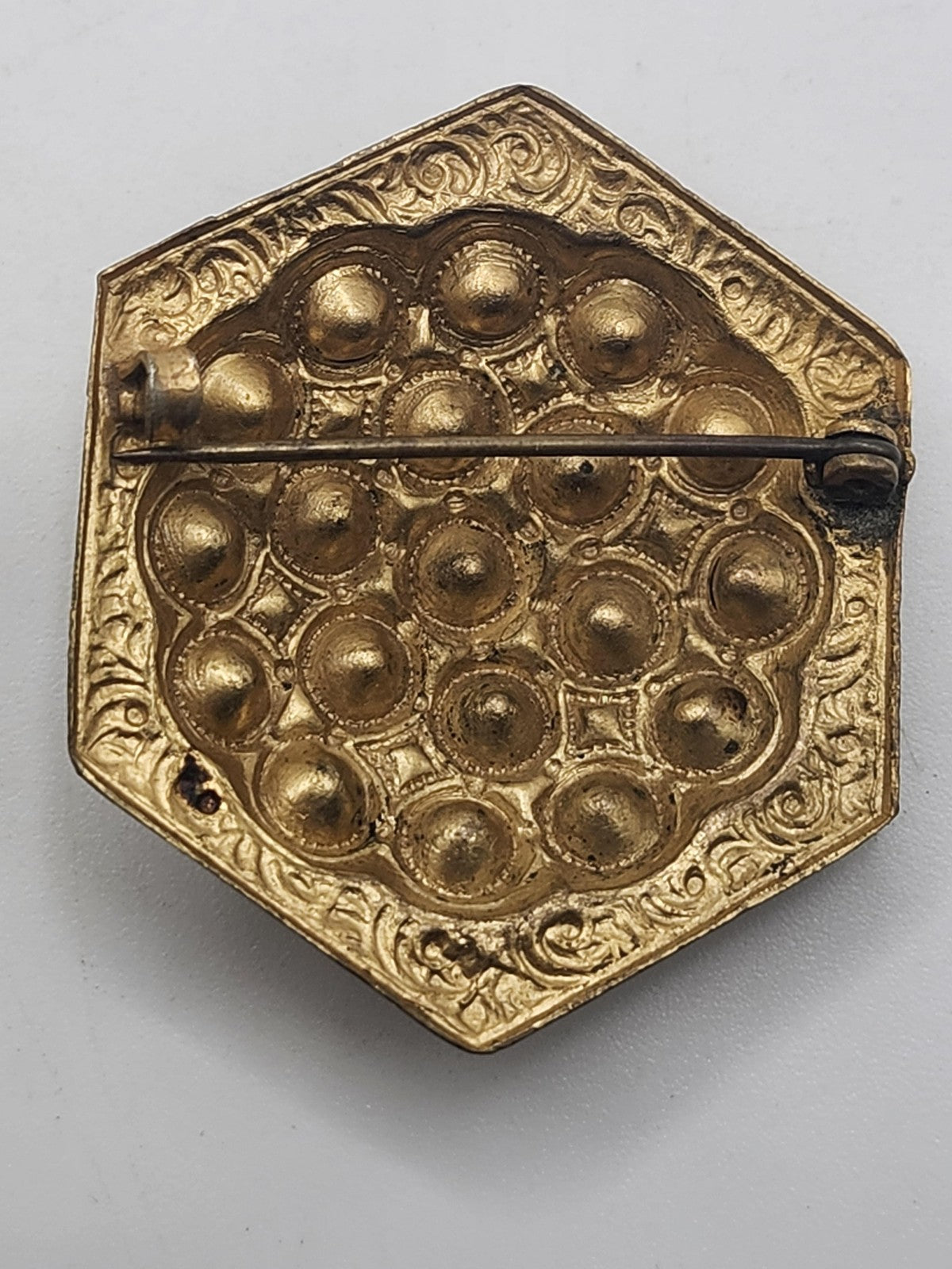 Vintage Hexagon Brooch Pin Gold Tone Multicolor Rhinestone Statement Jewelry
