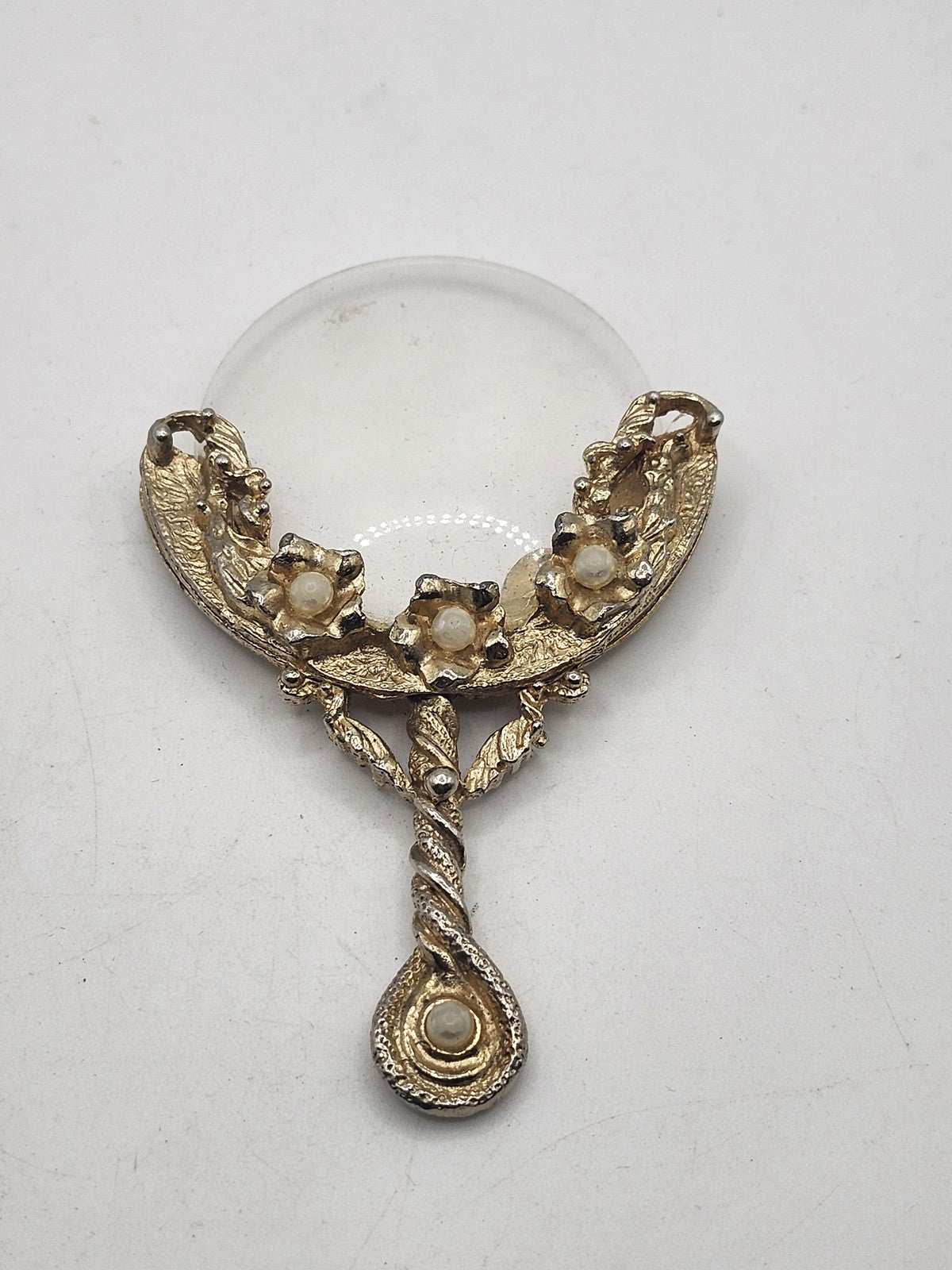 Ornate Gold Tone Floral Handle Magnifying Glass Handheld Faux Pearl Decorative