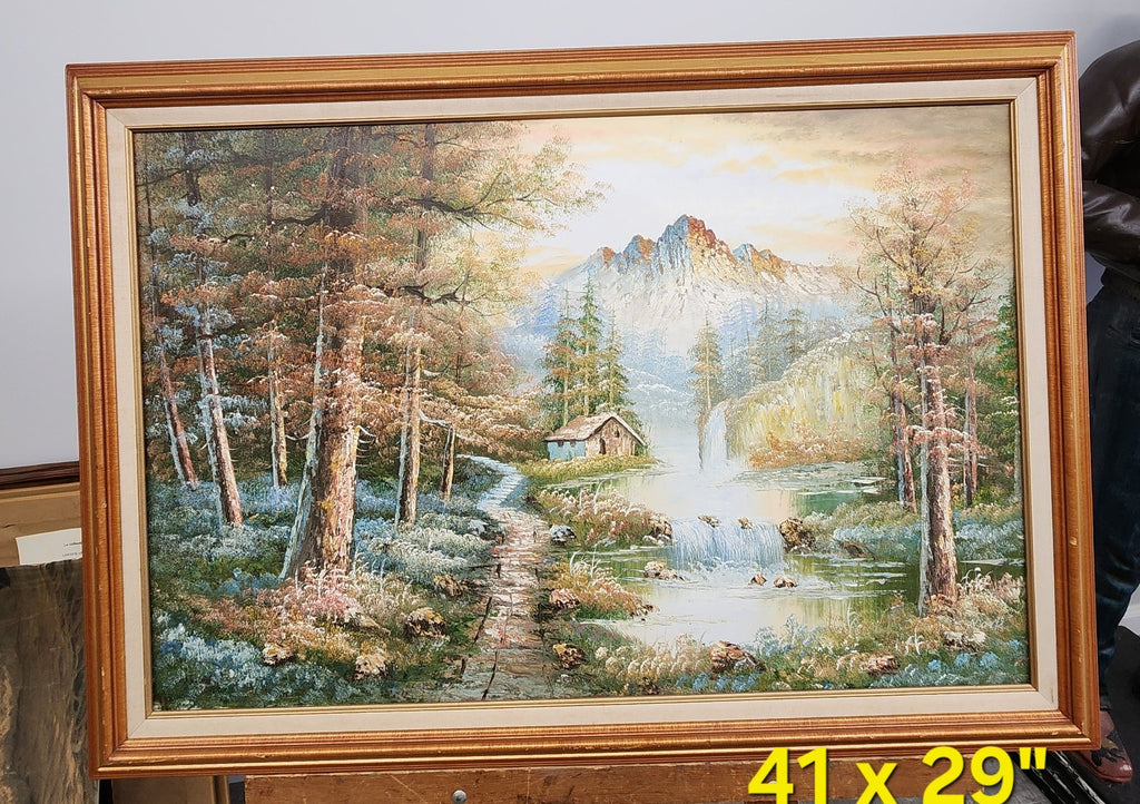 Vintage Large Framed Mountain Landscape Oil Painting on Canvas 41” x 29”