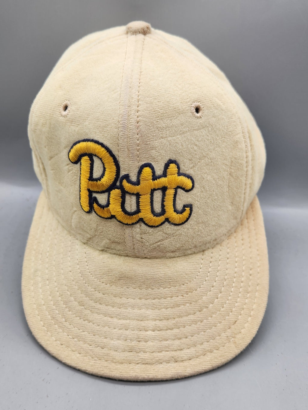 Vintage Pitt Panthers Script Snapback Hat Cap Beige Suede Look NCAA Retro