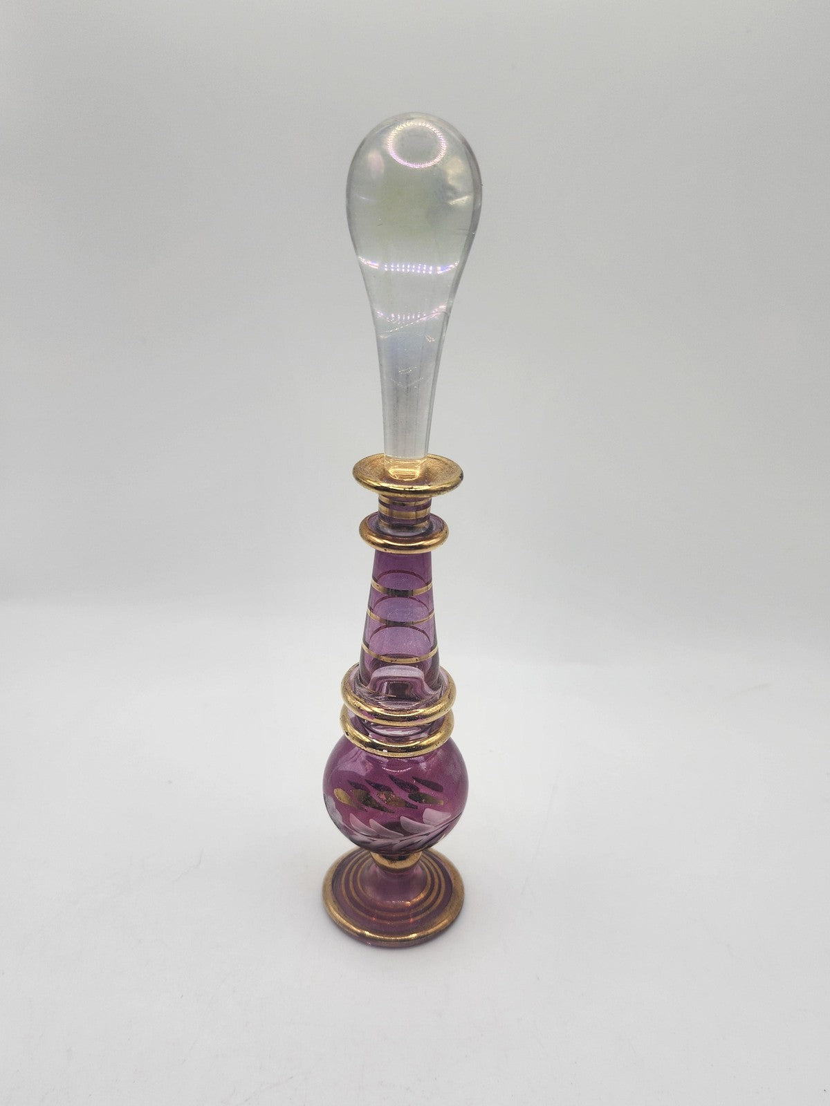 Vintage Purple Glass Perfume Bottle Clear Stopper Gold Trim Floral Design Decor