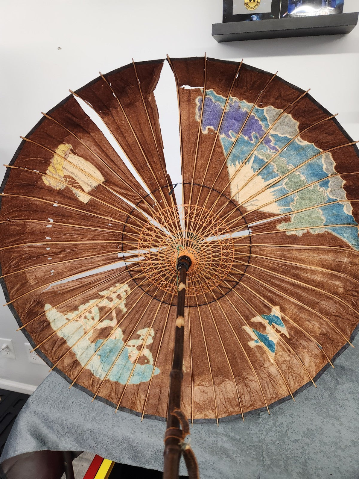 Vintage Japanese Paper Parasol Umbrella Hand Painted Mt Fuji Bamboo Wagasa 32”