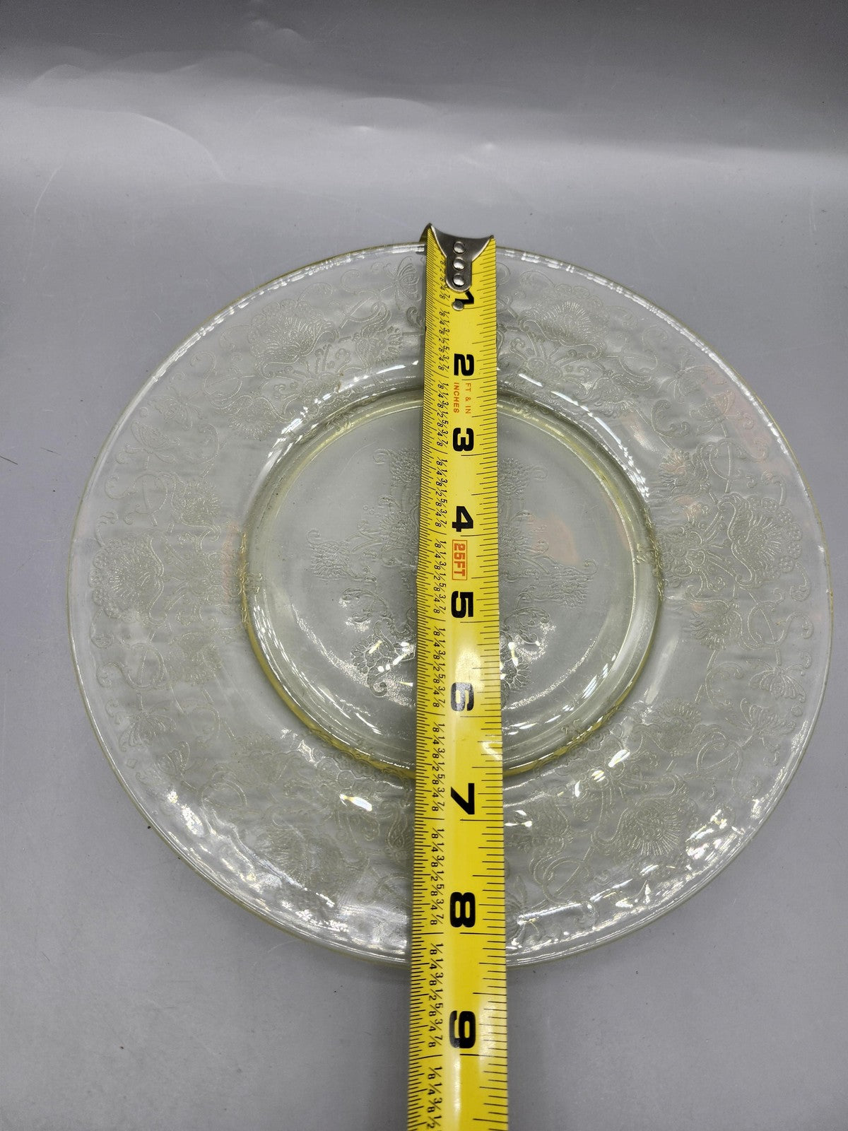 Vintage Yellow Pressed Glass Luncheon Plate Floral Etched Pattern Table Decor
