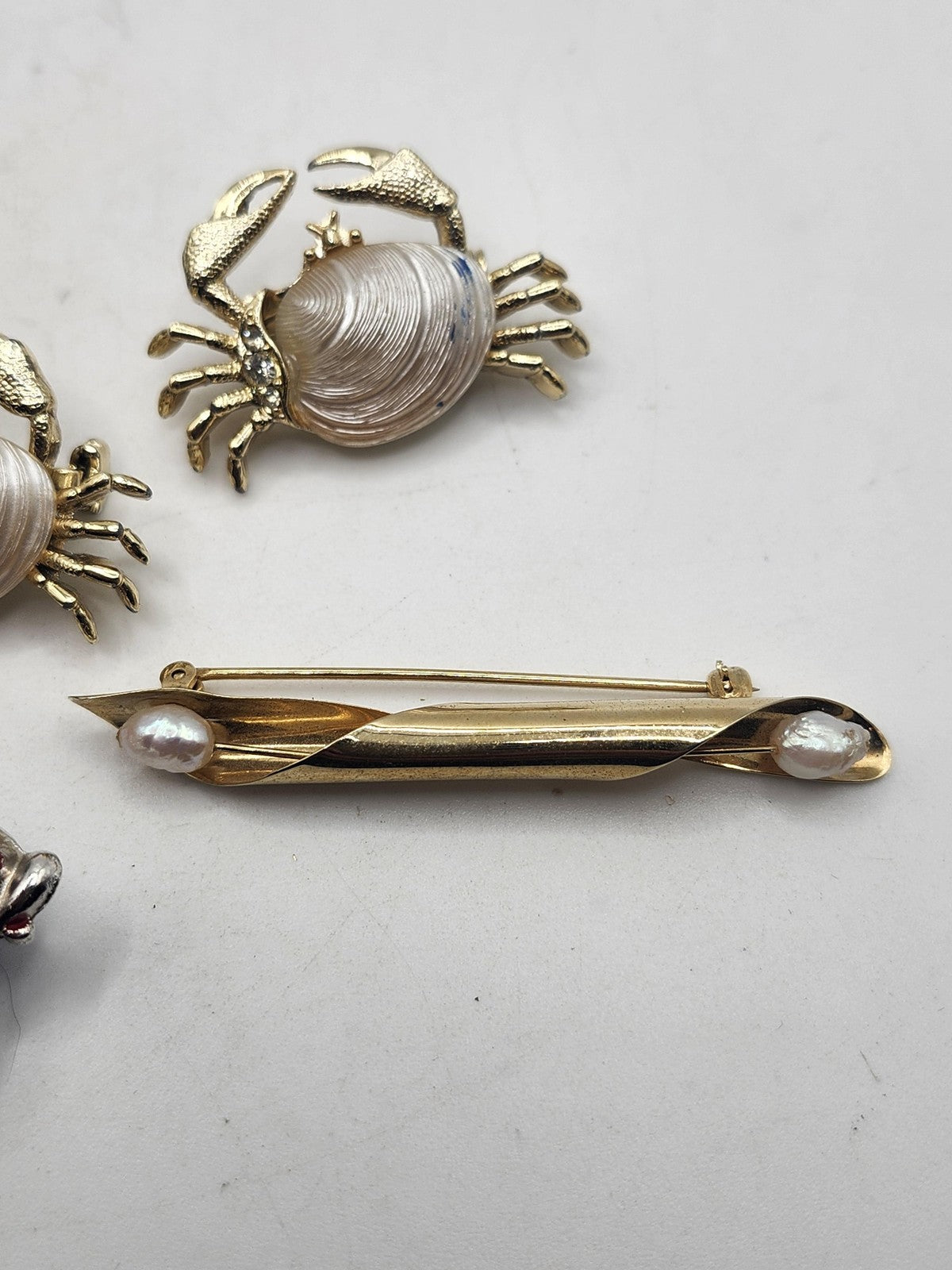 Crab Fish Bar Brooch Pin Lot Gold Silver Tone Faux Pearl Costume Jewelry Set