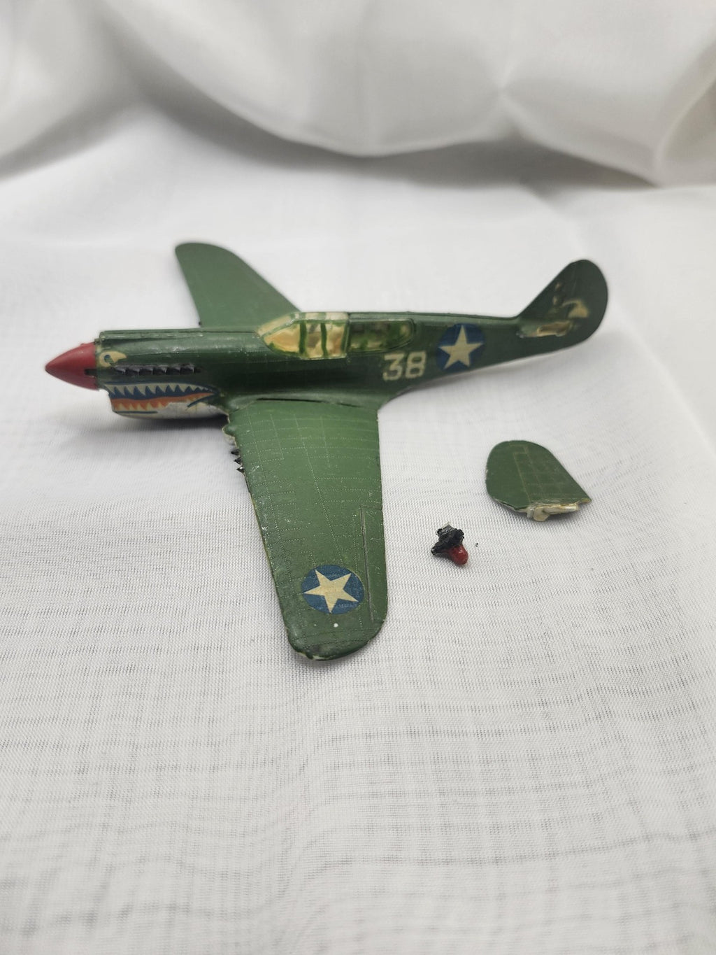 Vintage Zamak Military Airplane Toy Small Green Fighter Shark Mouth Parts Repair
