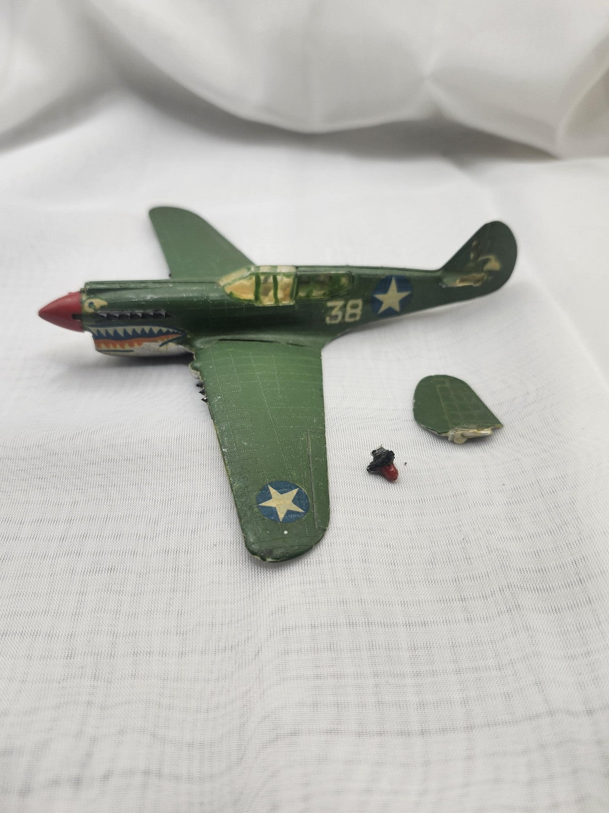 Vintage Zamak Military Airplane Toy Small Green Fighter Shark Mouth Parts Repair