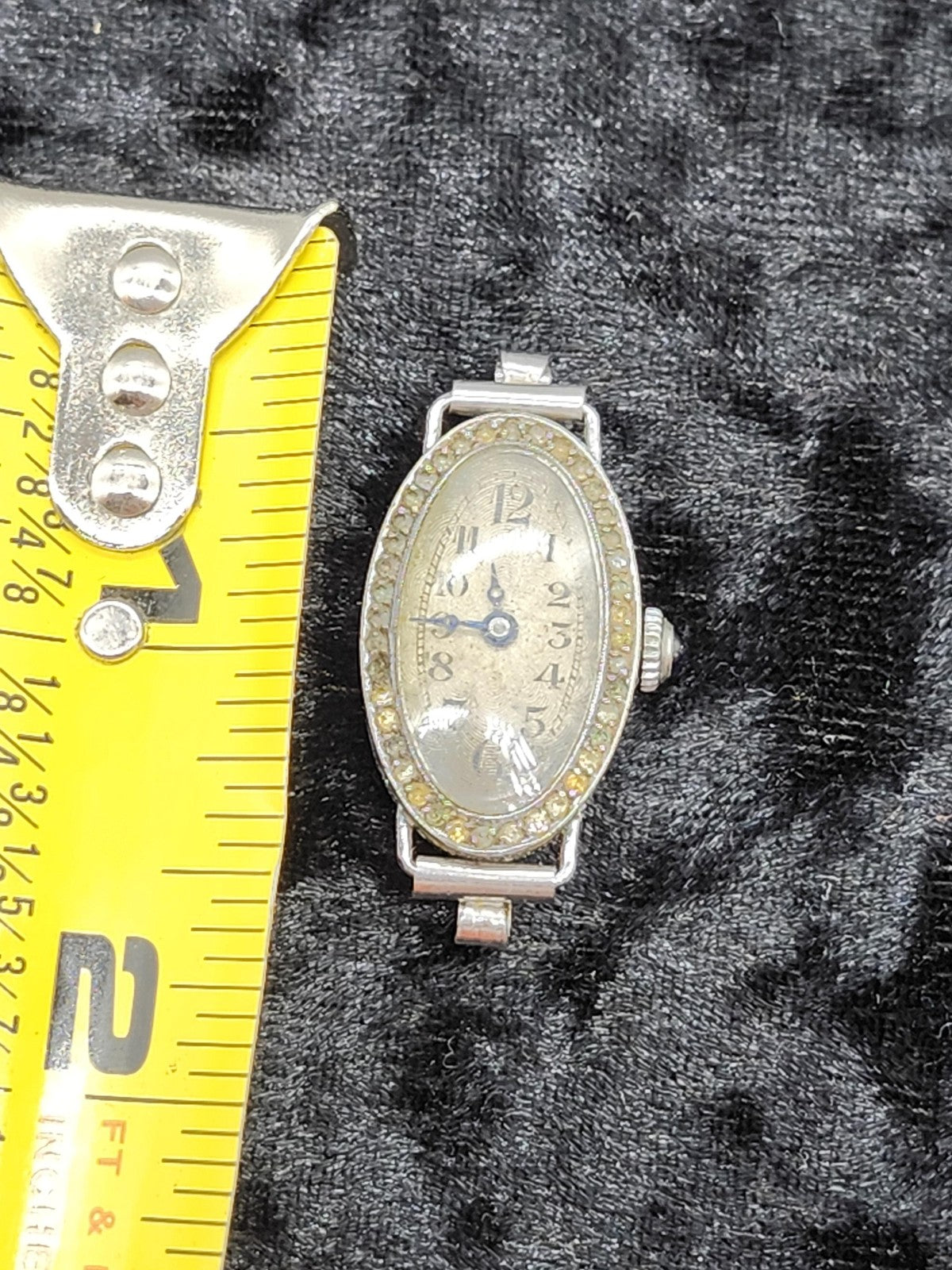 Vintage Womens Manual Wind Watch Oval Silver Tone Yellow Rhinestones For Parts