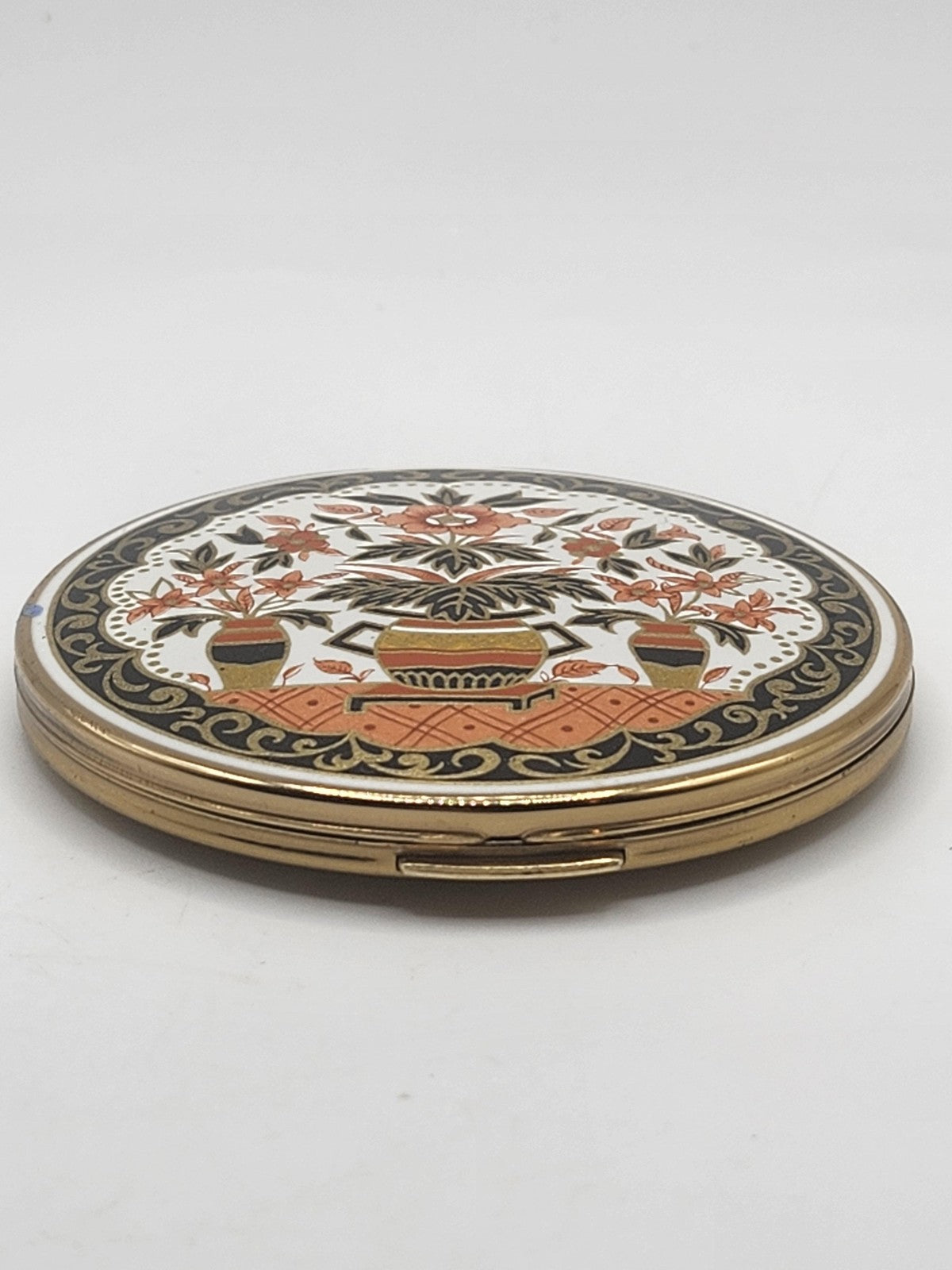 Vintage Stratton Compact Mirror Floral Enamel Round Gold Tone Black England