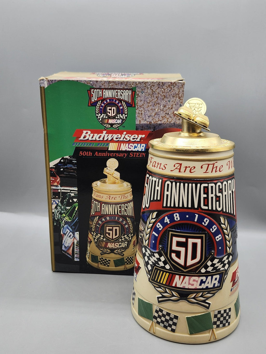 Vintage Budweiser NASCAR 50th Anniversary Lidded Stein Ceramarte Brazil