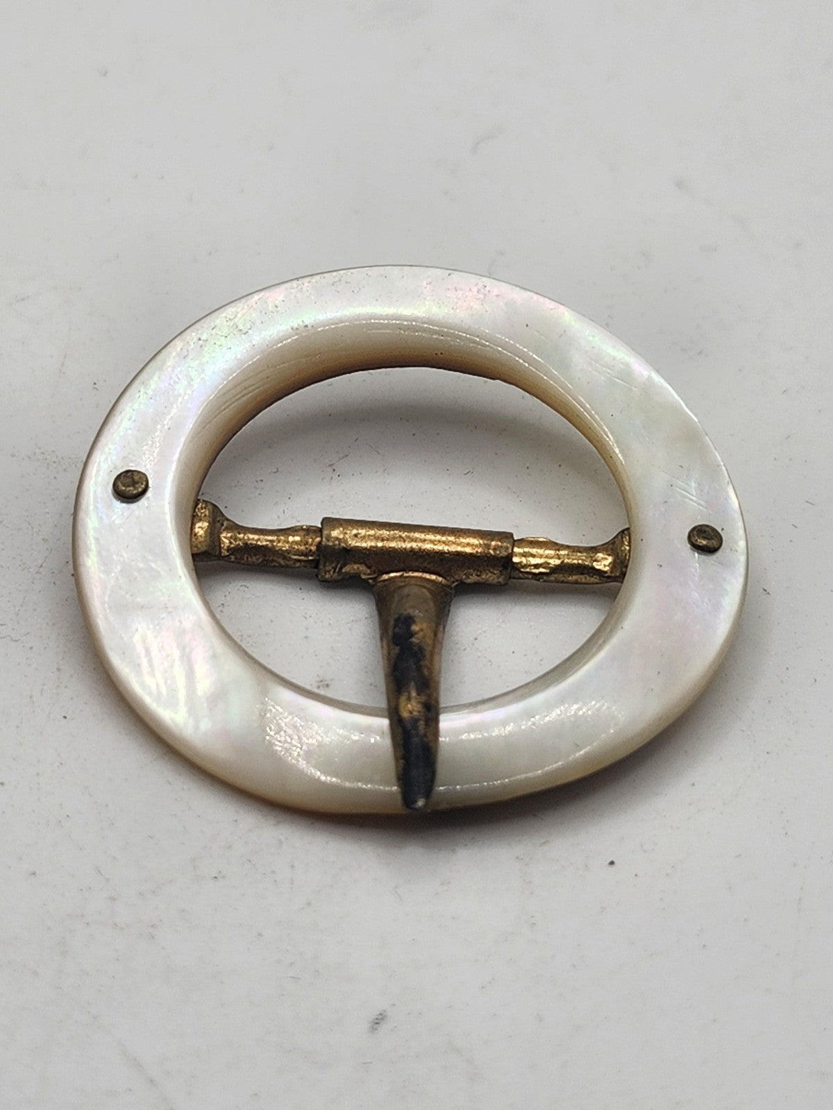 Vintage Mother Of Pearl Round Belt Buckle Brass Tongue Small White Fastening