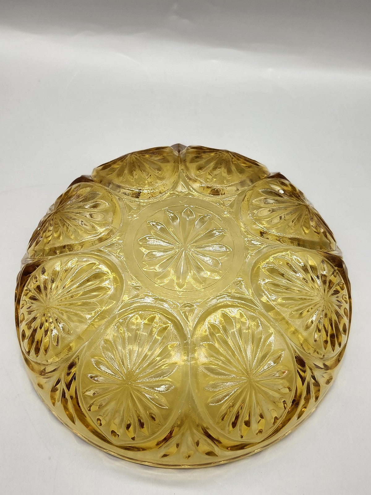 Vintage Yellow Pressed Glass Serving Bowl Starburst Round Scalloped Retro Decor