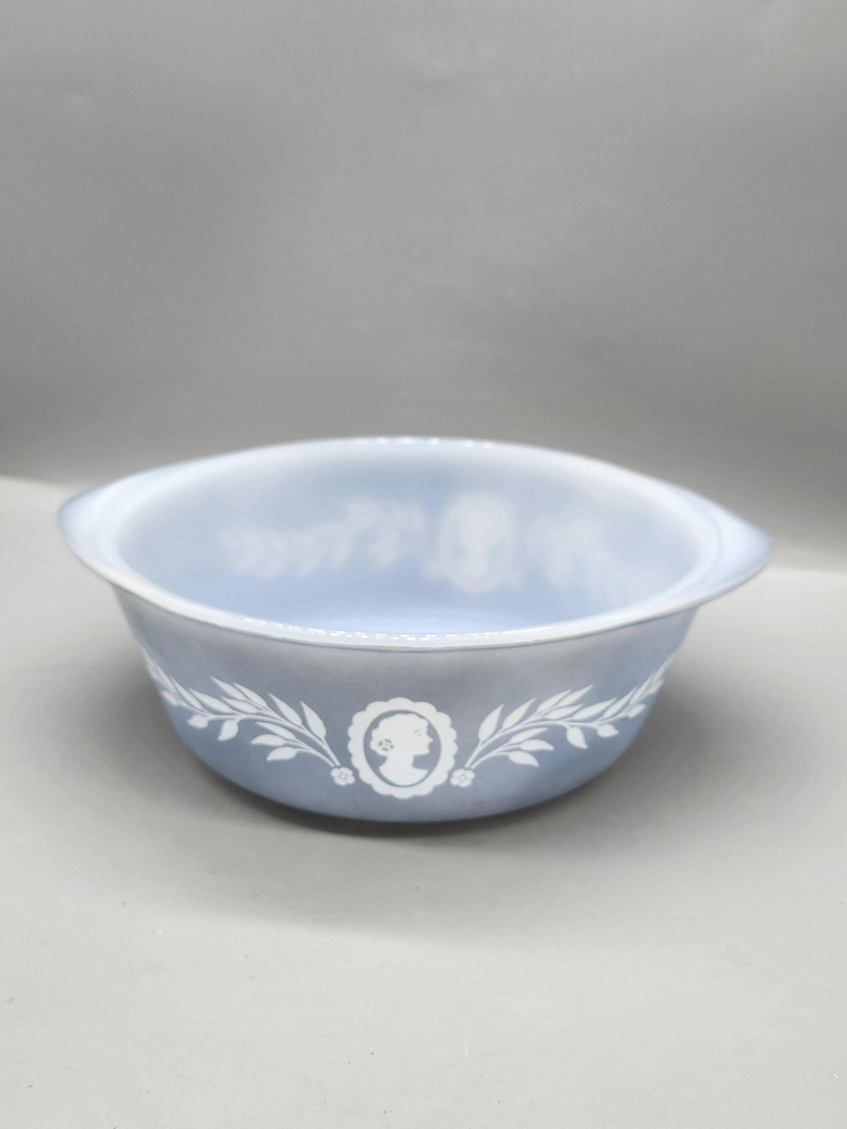 Vintage Glasbake Blue Milk Glass Casserole Cameo Floral 10" Ovenware USA Decor